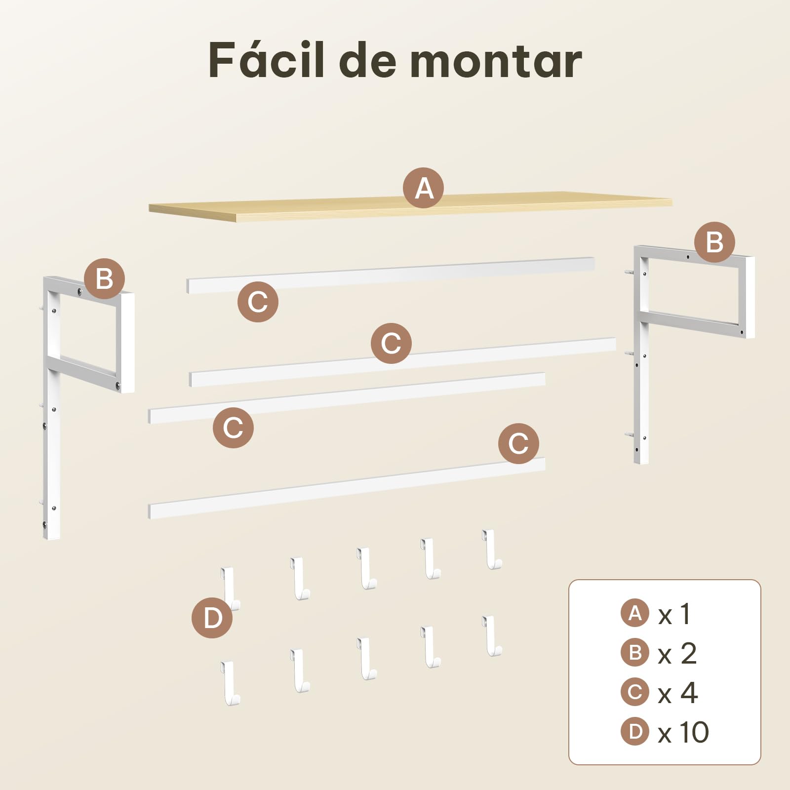 eSituro Perchero de Pared con Estante, Estantería de Pared con 10 Ganchos, Perchero para Colgar Ropa, Toallero Baño, Percha para Salón, Pasillo, Entrada, 80x41x30 cm, Blanco + Madera natural