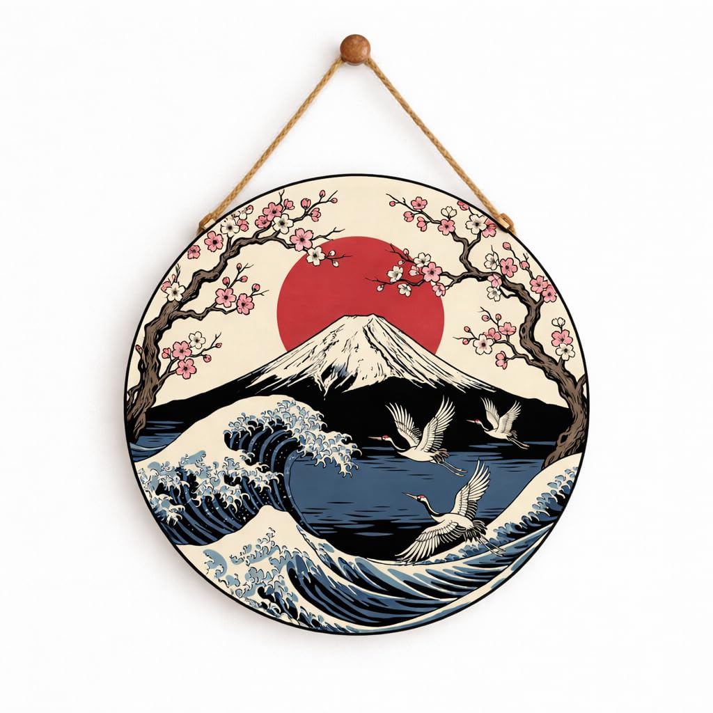 The Marksmiths Japanese Wall Hanging Decoration, Round MDF Designer Artwork with Mount Fuji, Cherry Blossom, Wave Design, Rope Hanger for Home, Bedroom, Living Room, Hall-image-44