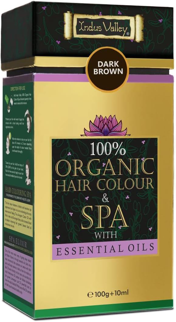 Natural Organic Hair Color with Spa for Hair Conditioning, Dye Up to 20% Grey Coverage, Ecocert, Vegan, USDA Organic, Certified โDark Brown (100g+10ml)