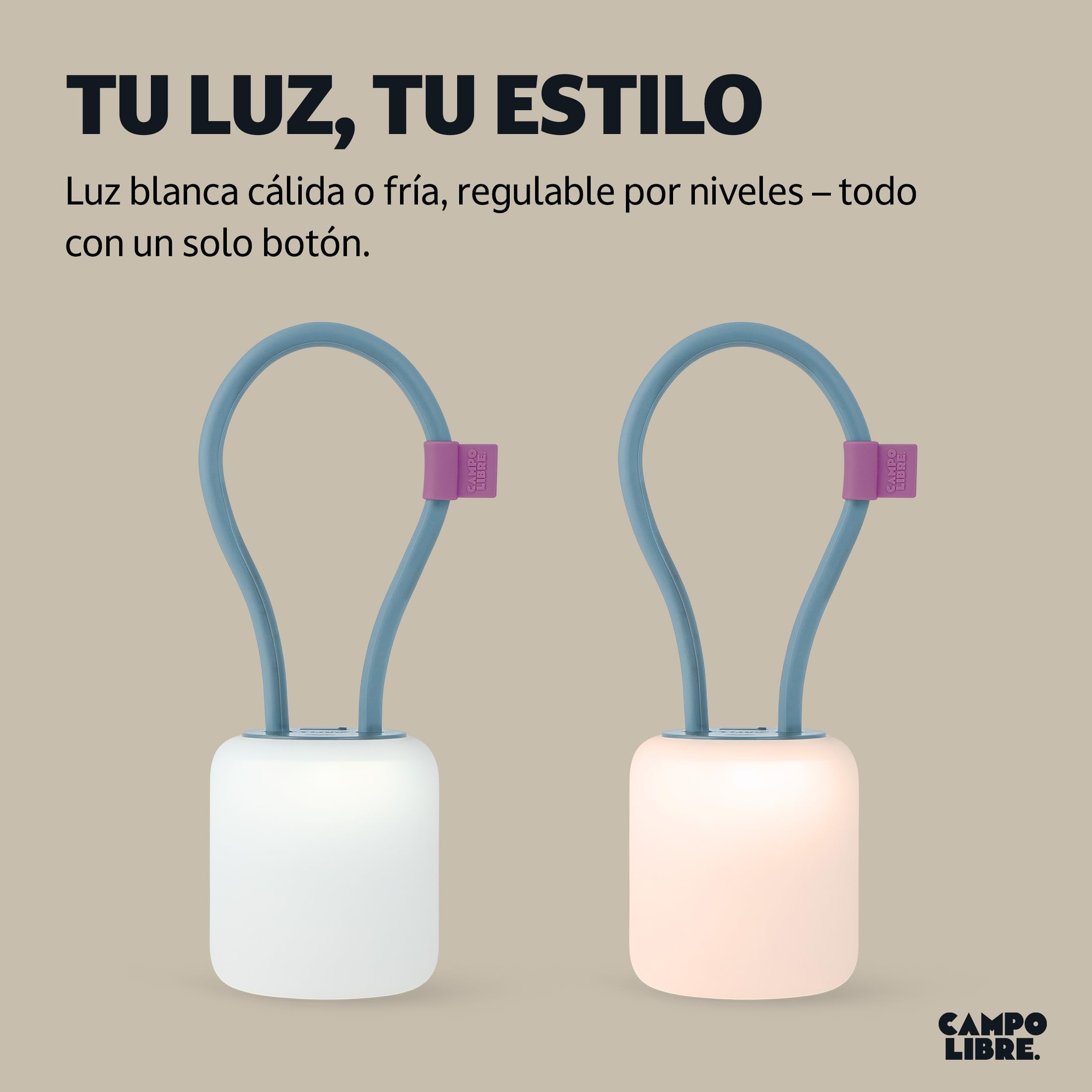 Campo Libre.® LENI Lampara Recargable – Luz Exterior con Asa Flexible, Luz Camping Regulable, Linterna de Mesa IPX4, 200 h de Autonomía, SqueezeShell irrompible, Carga USB-C, Rectángulo, Azul