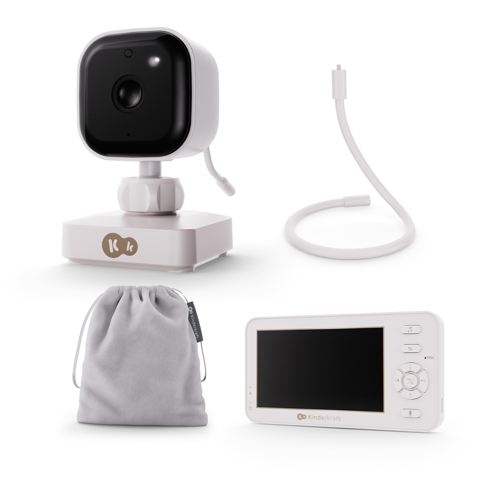 Kinderkraft NITEEYE TRAVEL vigilabebés con cámara y monitor 4,3”, sin WiFi, audio bidireccional, modo VOX, visión nocturna, 8 nanas, soporte flexible 360°, batería recargable, ideal para viaje, Blanco