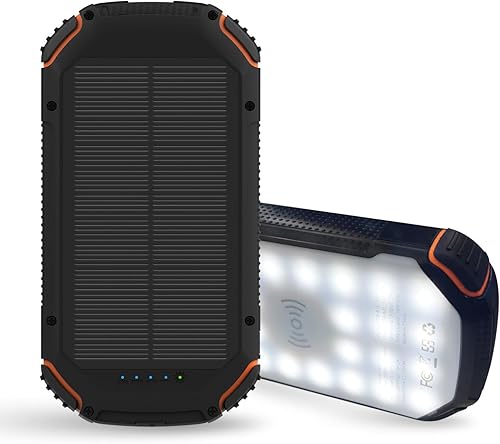 Gigastone Cargador solar portátil de 20000 mAh para actividades al aire libre, cargador inalámbrico Qi con luz LED tipo C Lightning micro USB y
