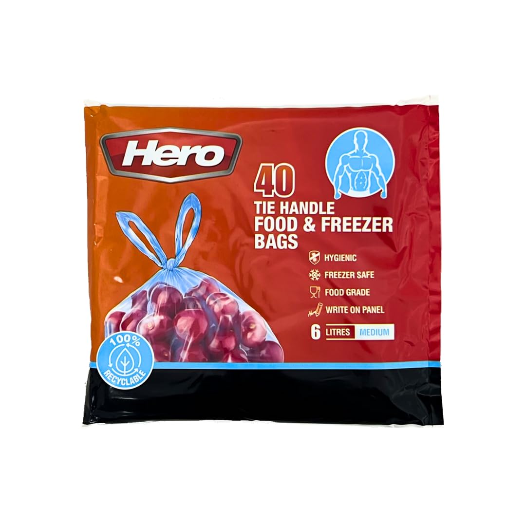 Hero Tie Handle Food Storage Bags 6L – 40 x Reusable BPA Free Sandwich & Freezer Bags with Airtight Seal – For Fruits, Meat, Vegetables & Grains – Fridge & Freezer Storage