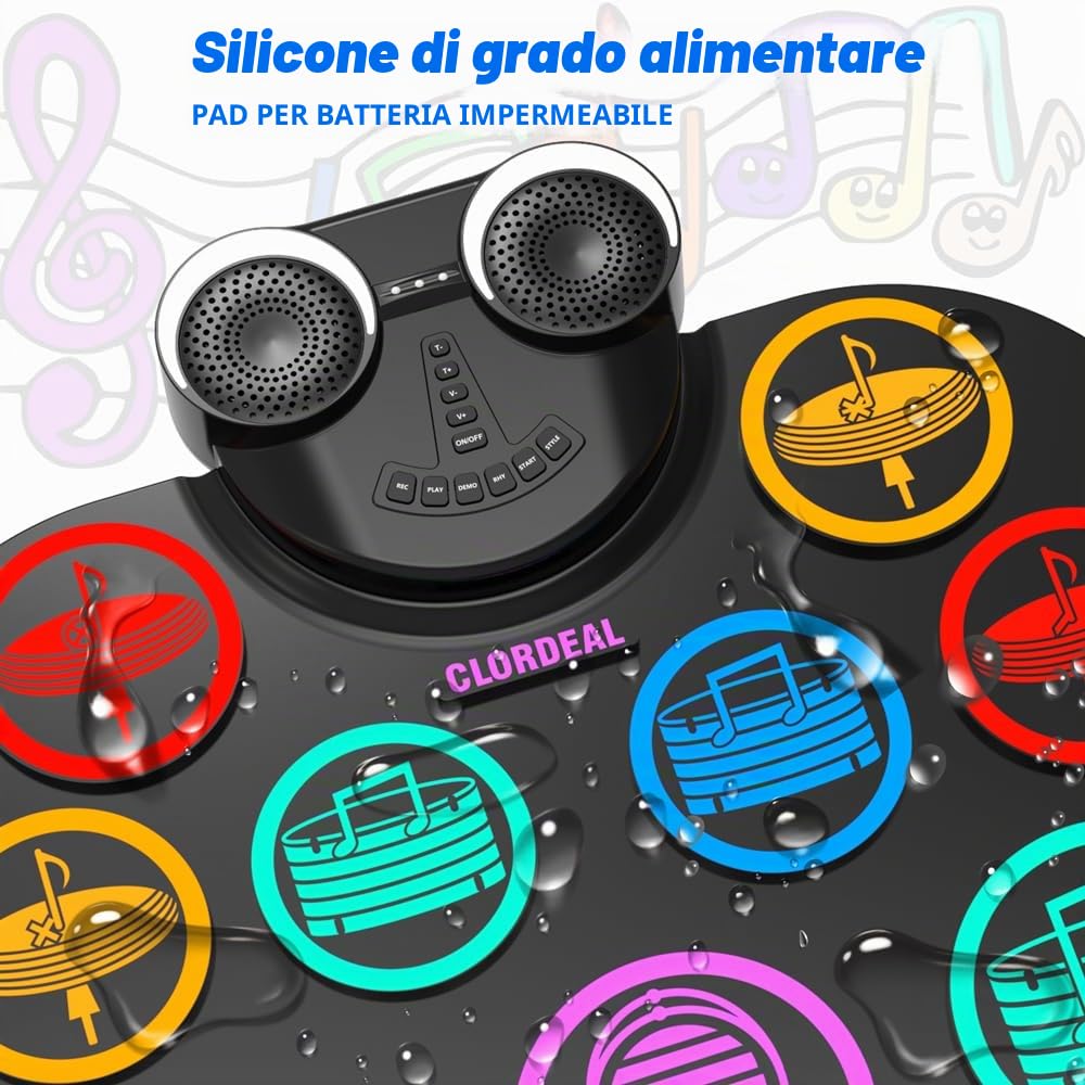 Batteria Elettronica Portatile con Bluetooth e MIDI - 9 Pads Batteria Elettrica, Altoparlanti Stereo Integrati, Batteria Ricaricabile, Ideale Regalo Natale e Compleanno per Bambini e Adulti