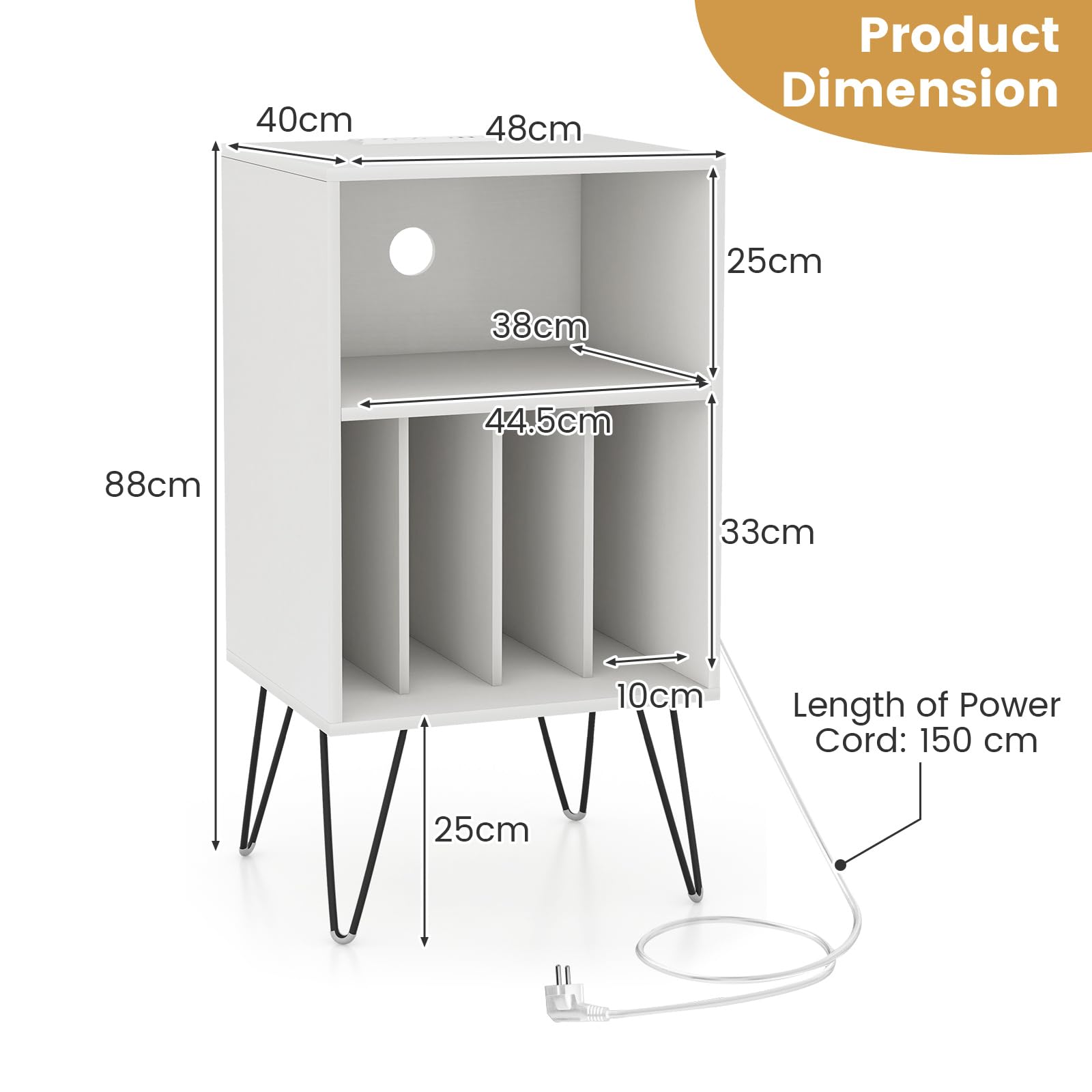 KOMFOTTEU Mesa Auxiliar con Estación de Carga, Soporte para Discos con 2 Enchufes, 1 Puerto USB y 1 Tipo C, Mesita de Noche de Madera con Compartimentos Abiertos, 48 x 40 x 88 cm (Blanco)