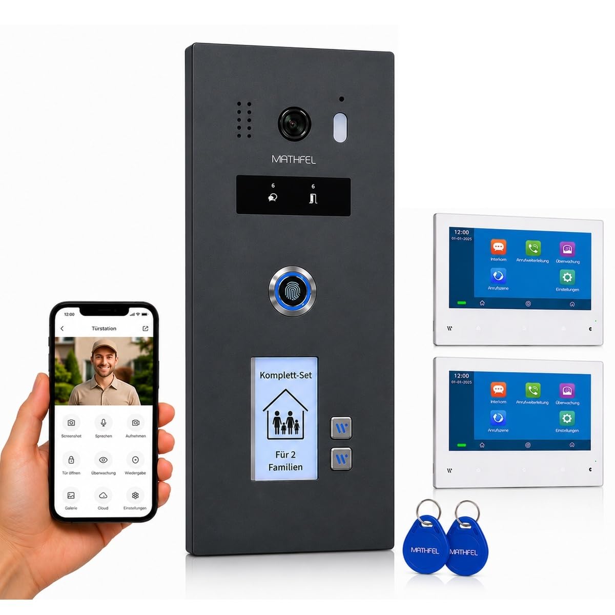 Videoportero WLAN 2 Familia IP Vídeo, estación de Puerta empotrada IP65, Monitor de 7 Pulgadas, cámara HD 130°, Almacenamiento de Foto/vídeo, conmutador PoE