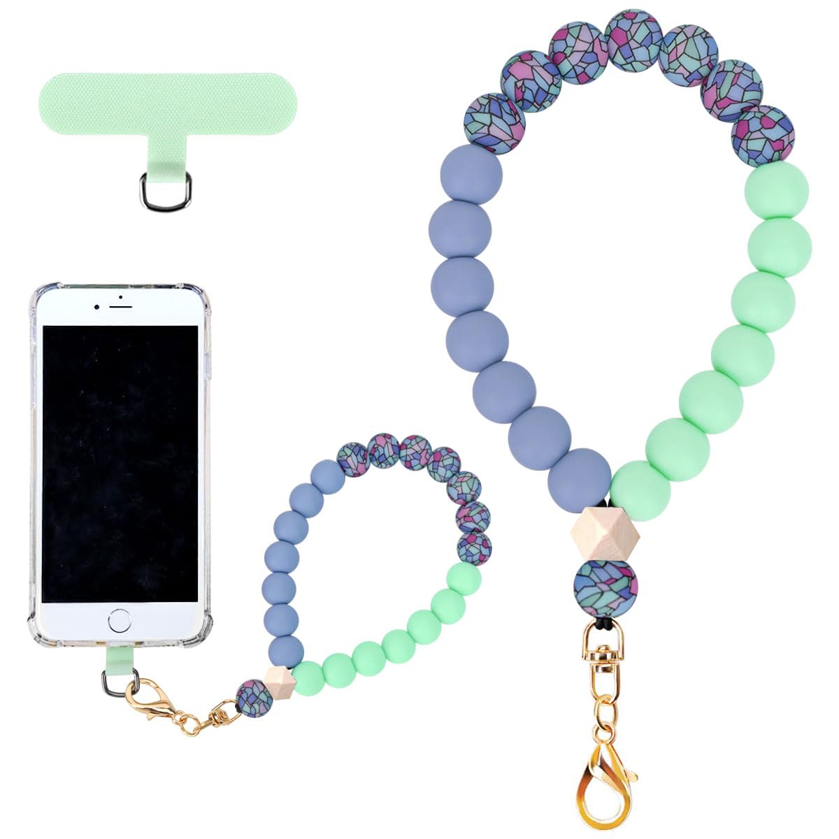 Marble Silicone Beaded Phone Wrist Strap, Cellphone Lanyard with Tether Tab, Elastic Hands-Free Wristlet Bracelet