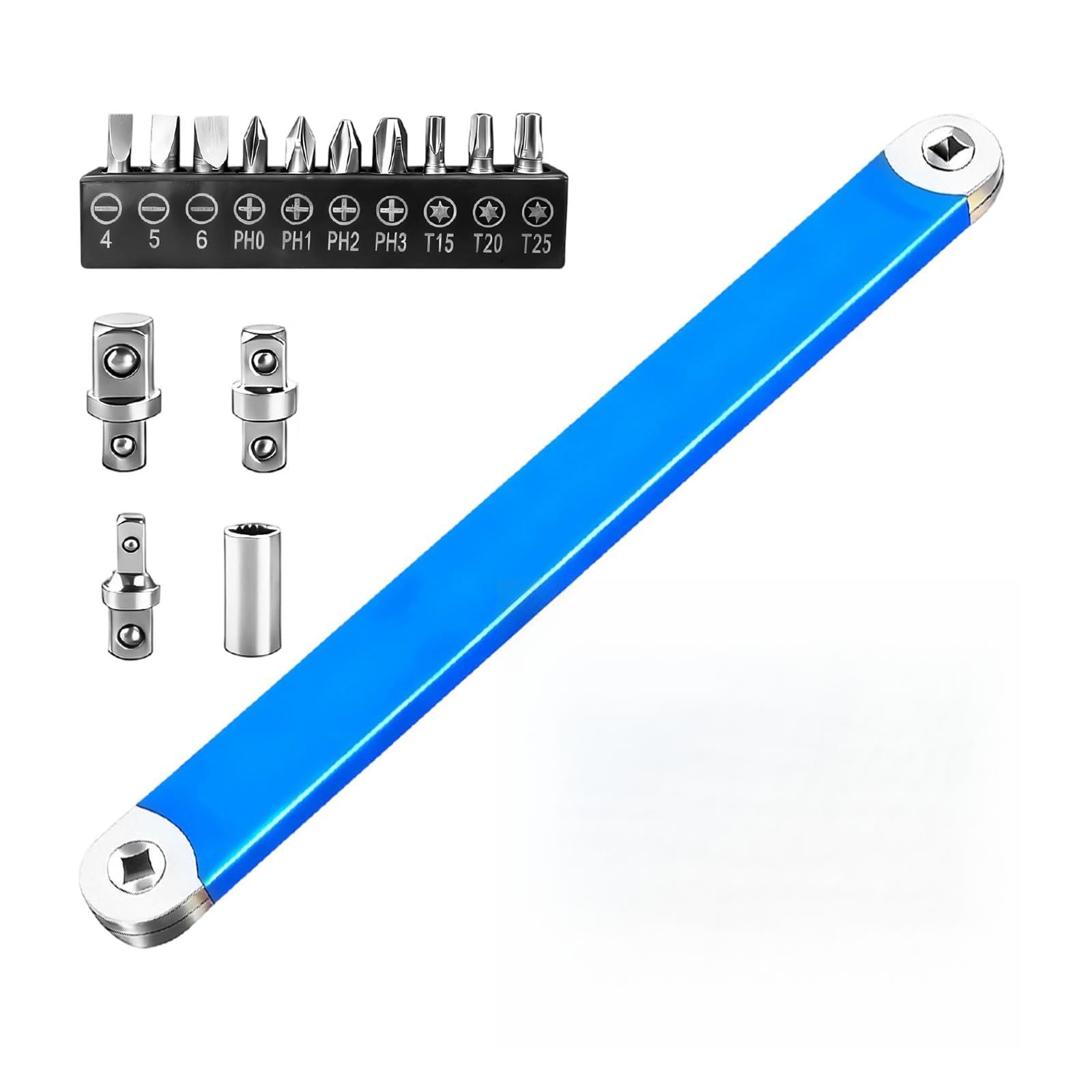 Offset Extension klucz klucz offsetowy, klucz płaski, przedłużka z adapterem 1/2" 1/4" 3/8" + 10 otworów, czarny uchwyt do bitów (niebieski)