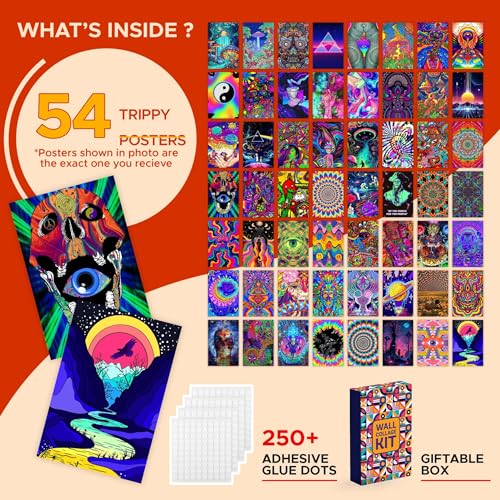 Image of CodersParadise Psychedelic Wall Collage Kit - Pack of 54 Aesthetic 4x6 Inch Posters for Bedroom, Dorm & Living Room Decor | Vibrant Trippy Psychedelic Cardstock Wall Art Prints with Glue Dots Included