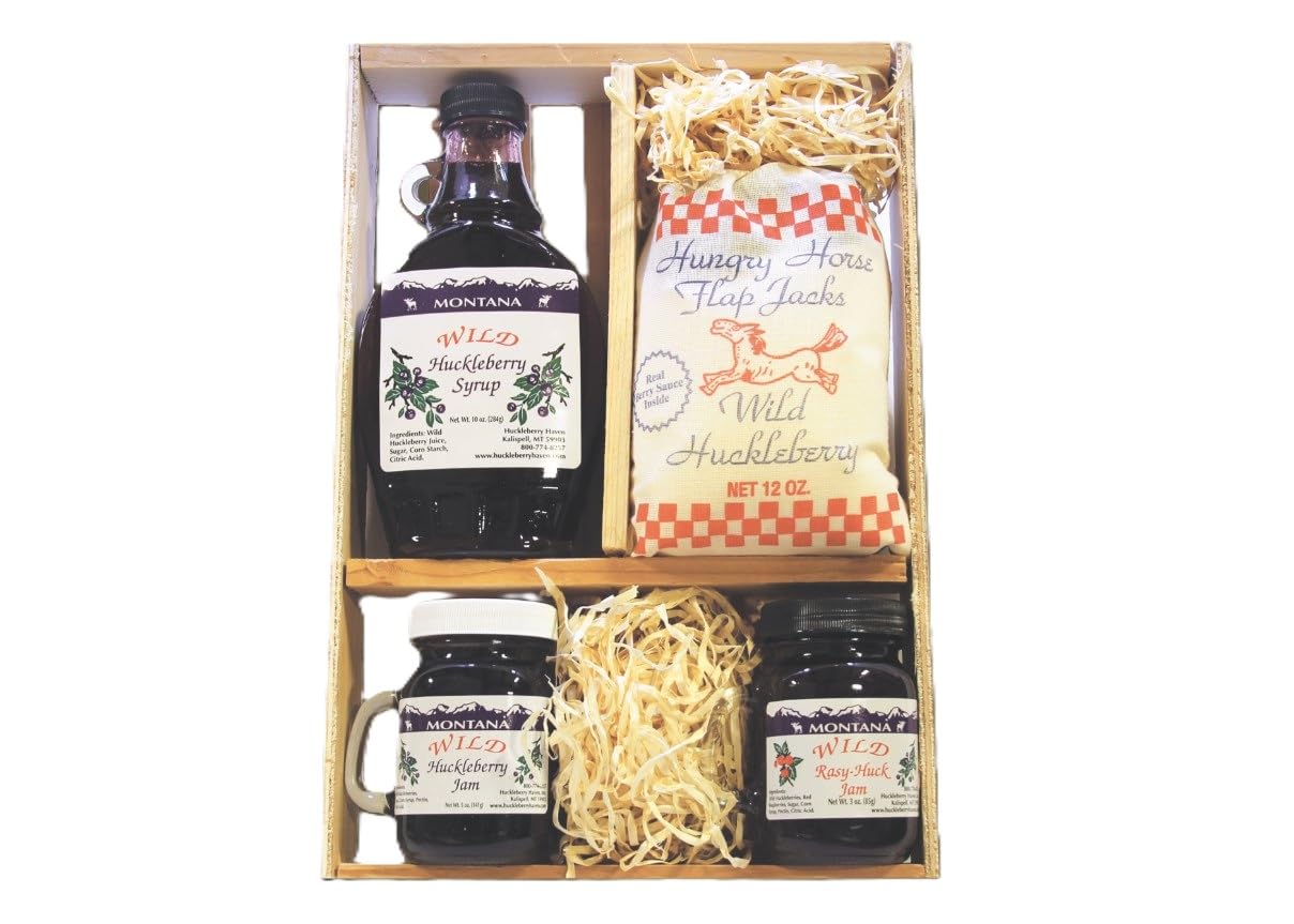 Deluxe Gift Crate: 10oz Huckleberry Syrup, 2-5oz Jams & 12oz Flap Jack Mix