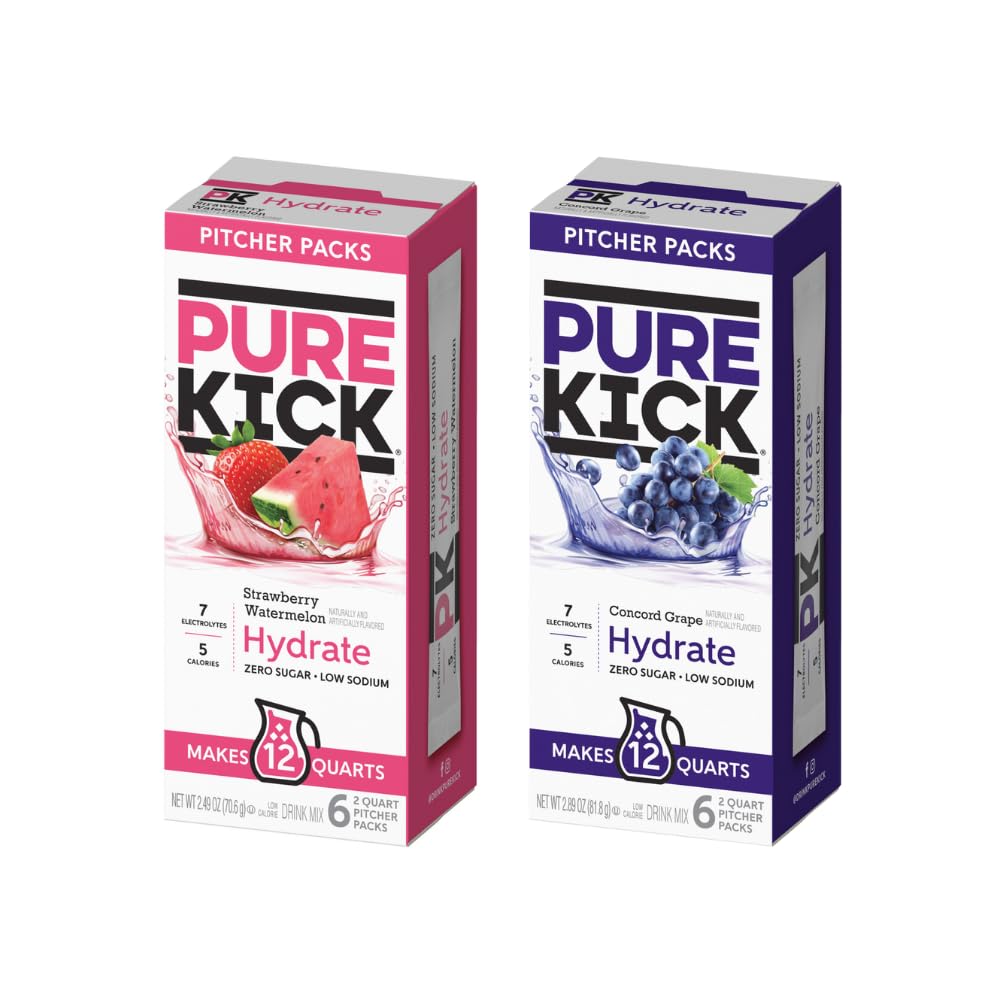 Pure Kick Pitcher Variety Pack, Strawberry Watermelon & Concord Grape, 6 Count (1 of each) (Variety Pack)