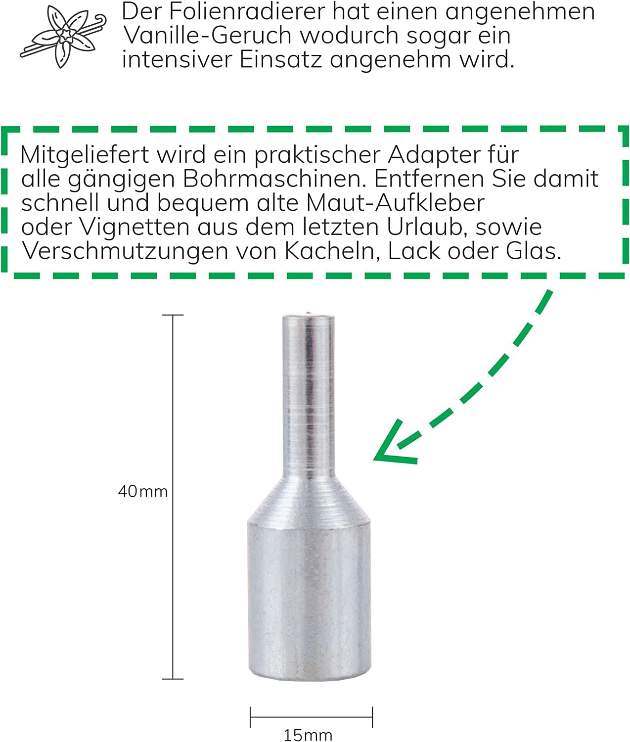 BenBow Gomma da 90 mm con adattatore aroma vaniglia – trapani comuni, avvitatori a batteria, levigatrice diritta – pellicole decorative, strisce decorative e residui di colla per rimuovere
