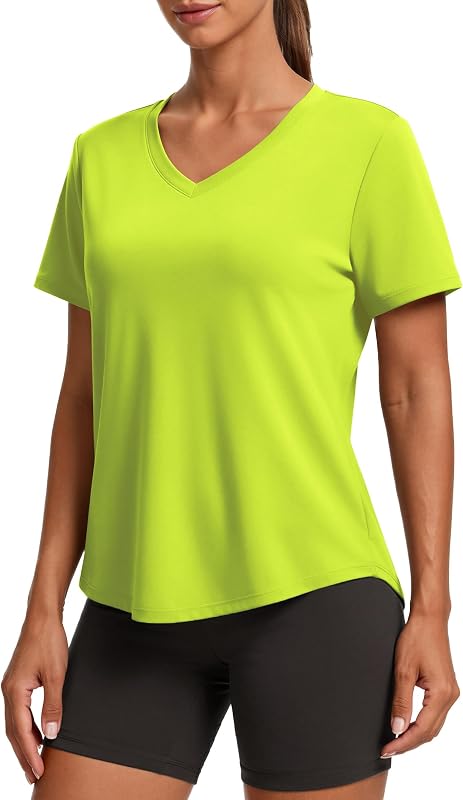 PINSPARK V Neck Workout Tops for Women Short Sleeve Quick Dry Shirts | UPF 50+,Moisture-wicking,Lightweight,Regular Fit,Tagless,Hip Length,Curved Hem,Hiking,Running,Gym