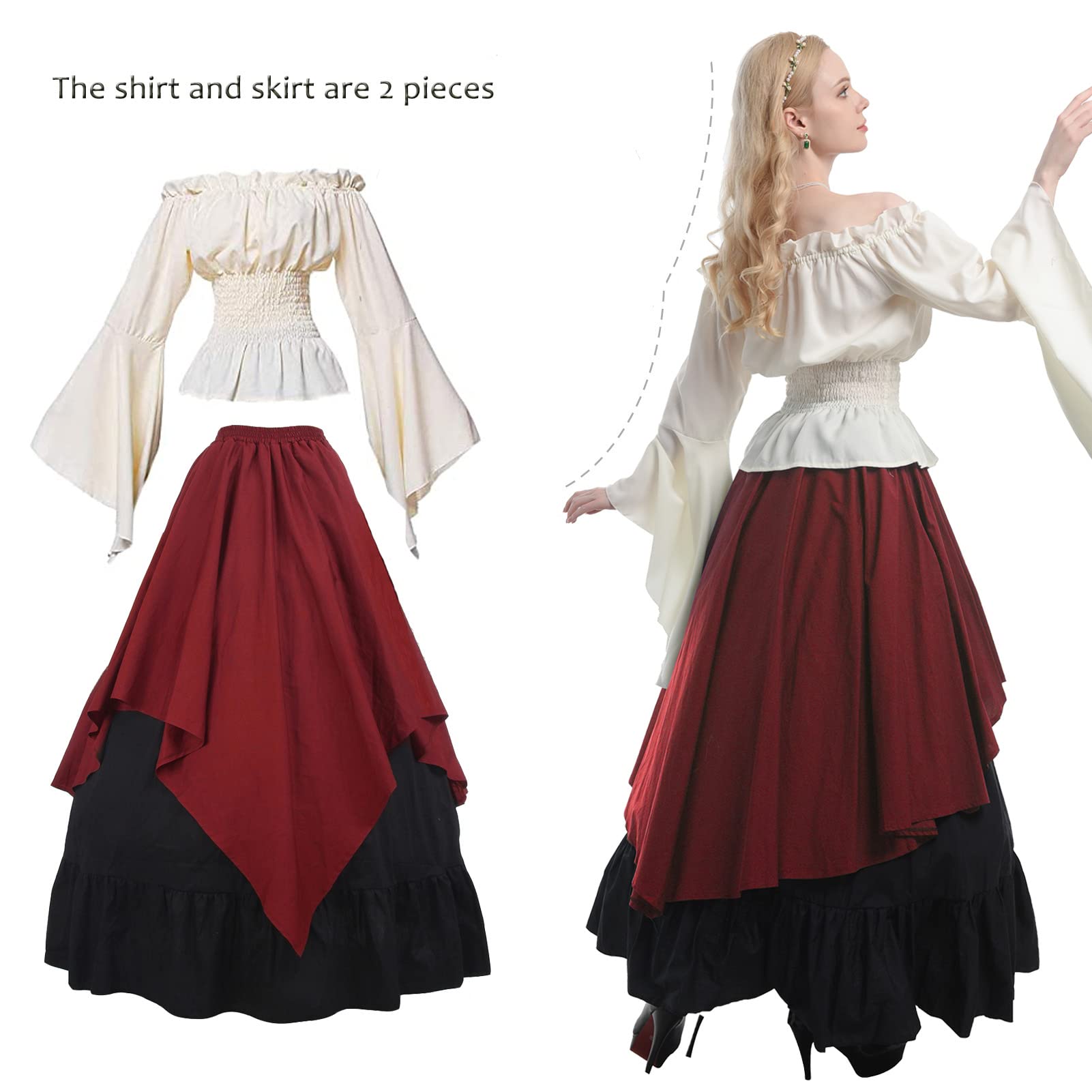 CR ROLECOS Costume de la Renaissance pour femme - Robe de paysanne médiévale à manches trompette - Chemise et jupe victoriennes