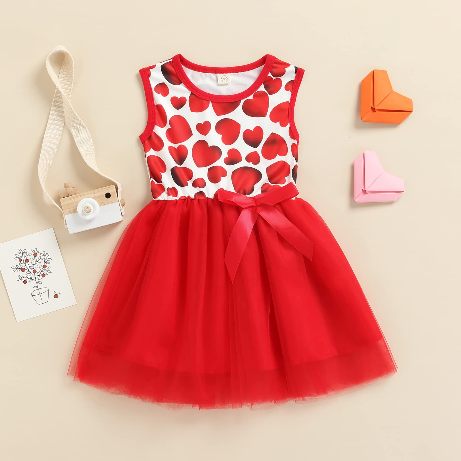 Little Girl Valentine's Day Dress Sleeveless Love Heart Print Princess Party Patchwork A-line Tulle Tutu Dress (Red Heart, 4-5T)