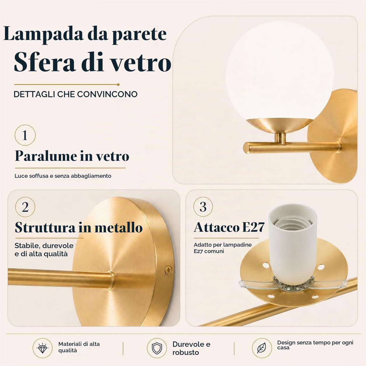 ZMH lampada da parete per interni bagno - lampada da letto oro E27 palla