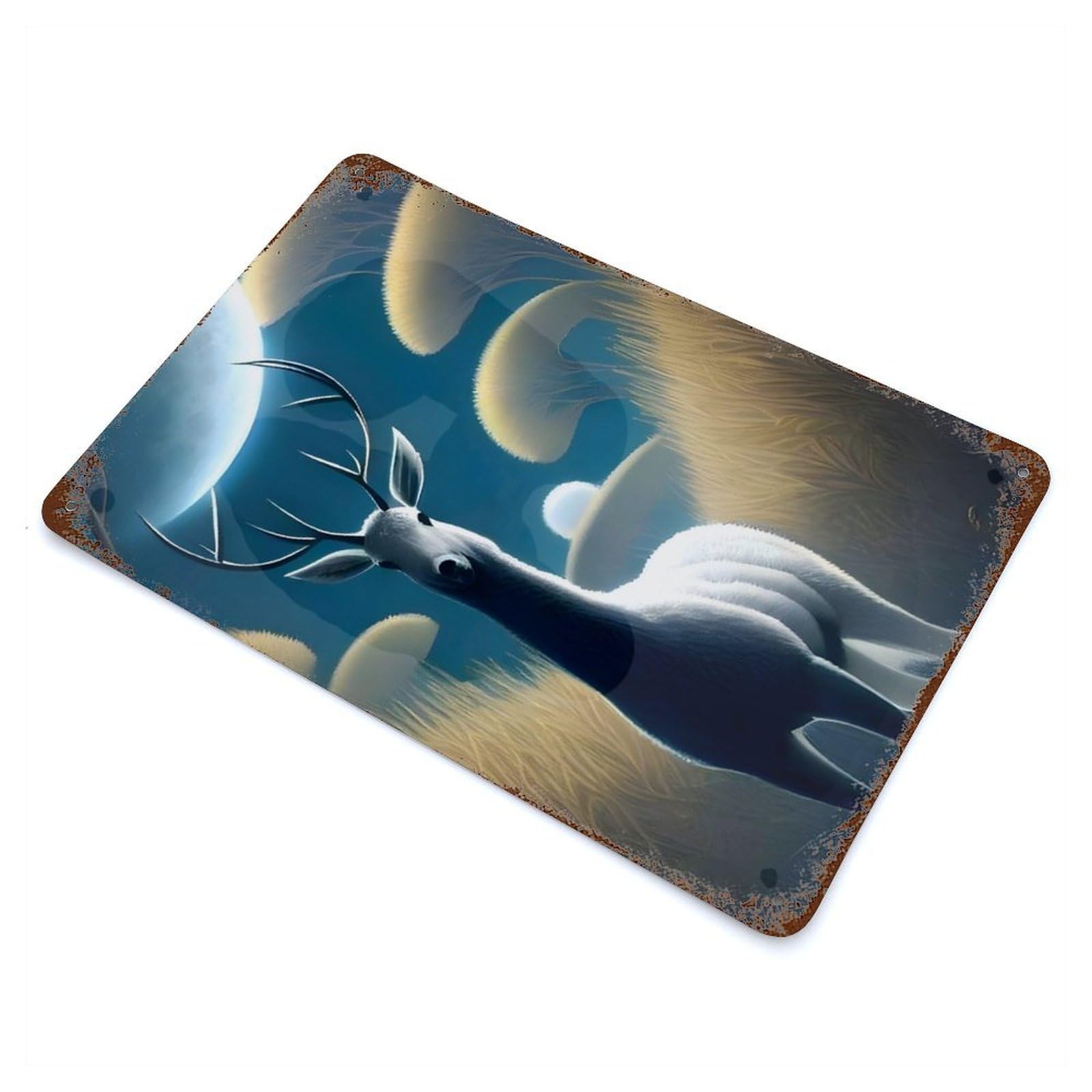 Moon And Antelope Rust Effect Tin Sign 11.8"x7.9", Industrial Home Decor for Garage, Bar And Workshop Decor