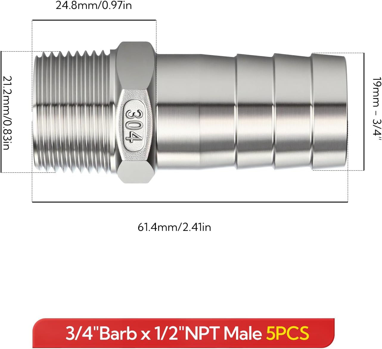 5PCS 3/4" Barb x 1/2" NPT Male Hose Fittings, 304 Stainless Steel Air Hose Fittings for Compressor