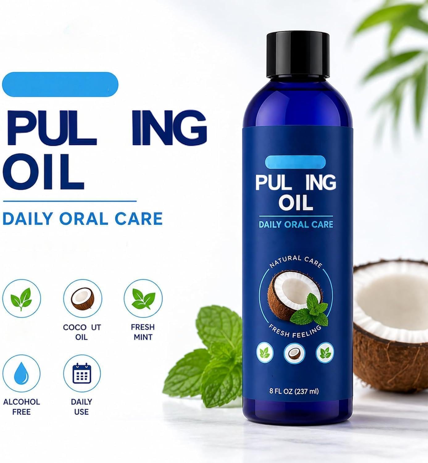Aceite de enjuague bucal blanqueador, enjuague bucal a base de aceite de coco para el cuidado bucal diario, ayuda a mantener un aliento fresco, alternativa suave al enjuague bucal a base de aceite, 23