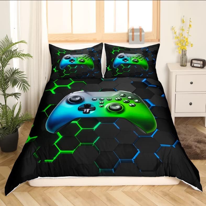 Boys Gamer Soft Reversible Duvet Cover,Kids Gaming Gamepad Bedding Set,Black Modern Geometric Hexagon Quilt Cover Gamer Video Game Controller,Decorative Game Room,Full Size(No Comforter Included) 3 61tNHTsb8WL. AC