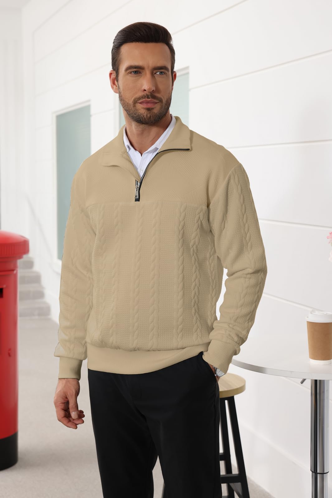 Halfword Pulls Homme Zip Pullover Tricoté Pull à Manches Longues pour Hommes Jacquard Sweatshirts