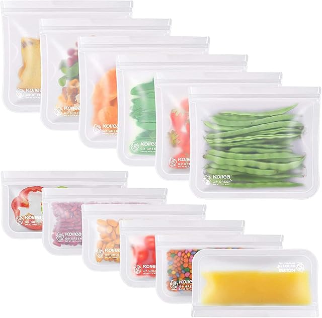 Reusable Sandwich Bags, Kollea 12 Pack Ziplock Bags (6 Sandwich Bags & 6 Snack Bags) Extra Thick Freezer Bags, Leakproof Storage Bag for Food, Travel, Home Organization
