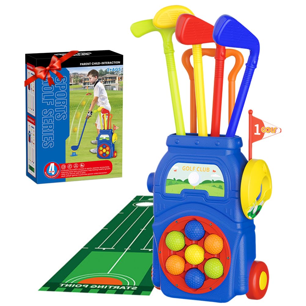 Kids golf set,Toddler Golf Set Toys with 7 Balls, 4 golf clubs, 2 Practice Holes, 1 Golf Mat & Golf Cart for Summer