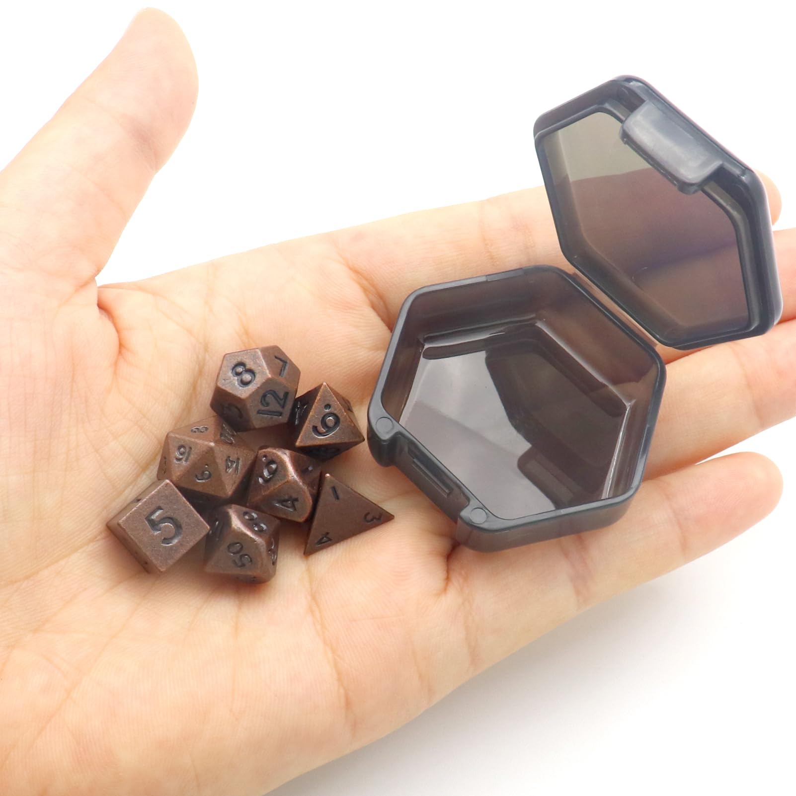 HaxtecMini DND Dice Set 10mm Small Metal DND Dice Set with Hexagon Pocket Dice Case Portable Antique Iron Metal Mini Dice Set for Dungeons and Dragons DND Gift for Him/Her Stocking Stuffers
