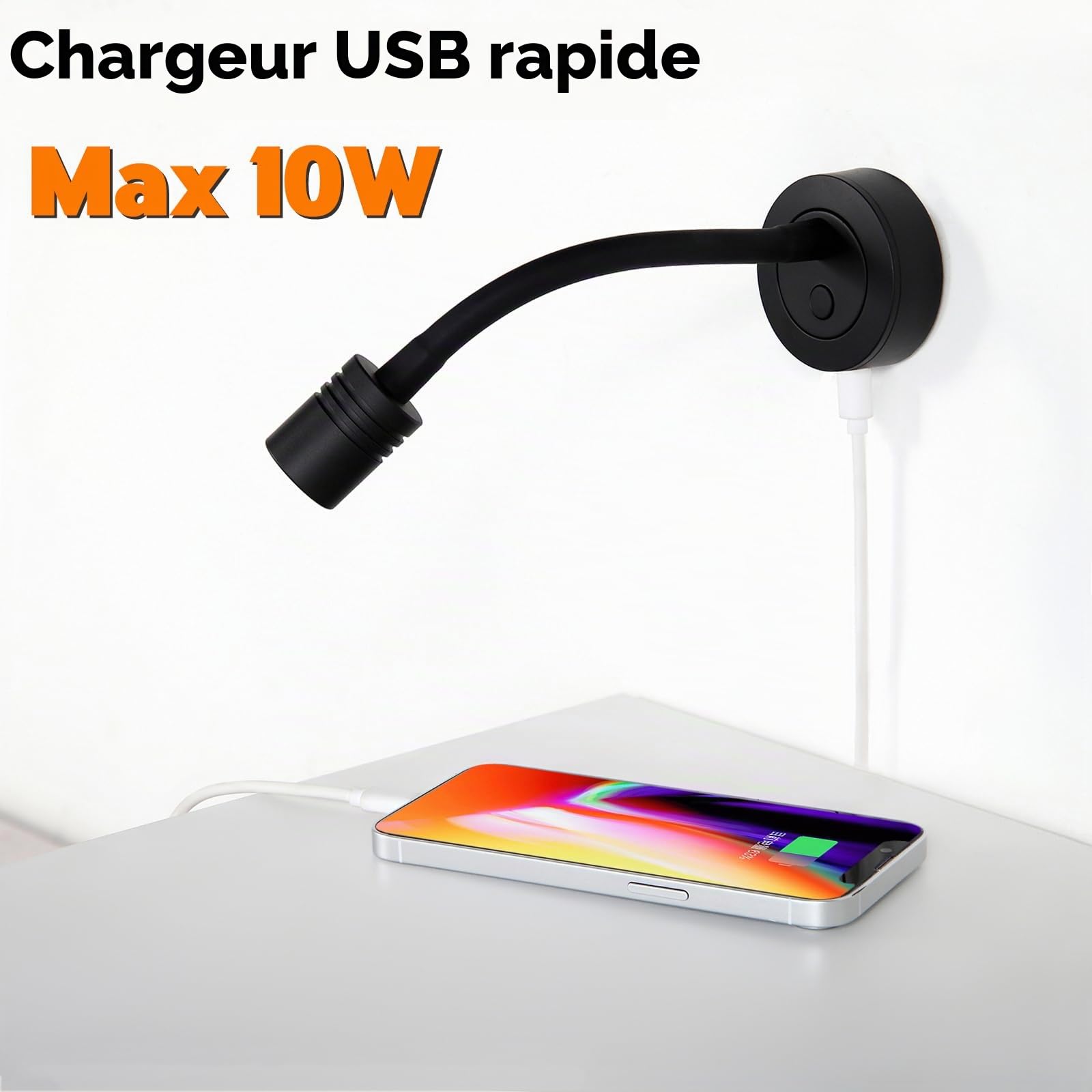 2 x Lampe de Lecture 12V LED Spot Camping-Car Flexible Col de Cygne Noir Luminosité Réglable Applique Murale DC24V 3200K pour Bateau Caravane Voiture Camion, avec USB & Variateur Interrupteur