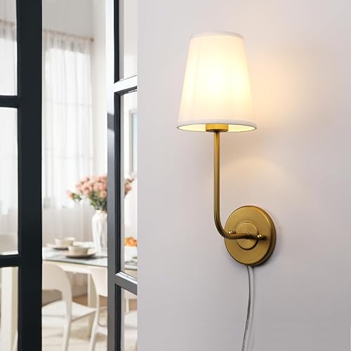 Miniatura 3 de Pathson Set of 2 Plug in Wall Sconces, Rustic Wall Lighting Fixtures with OnOff Switch and Pure White Fabric Lampshade, Antique Brass Wall Lamps for