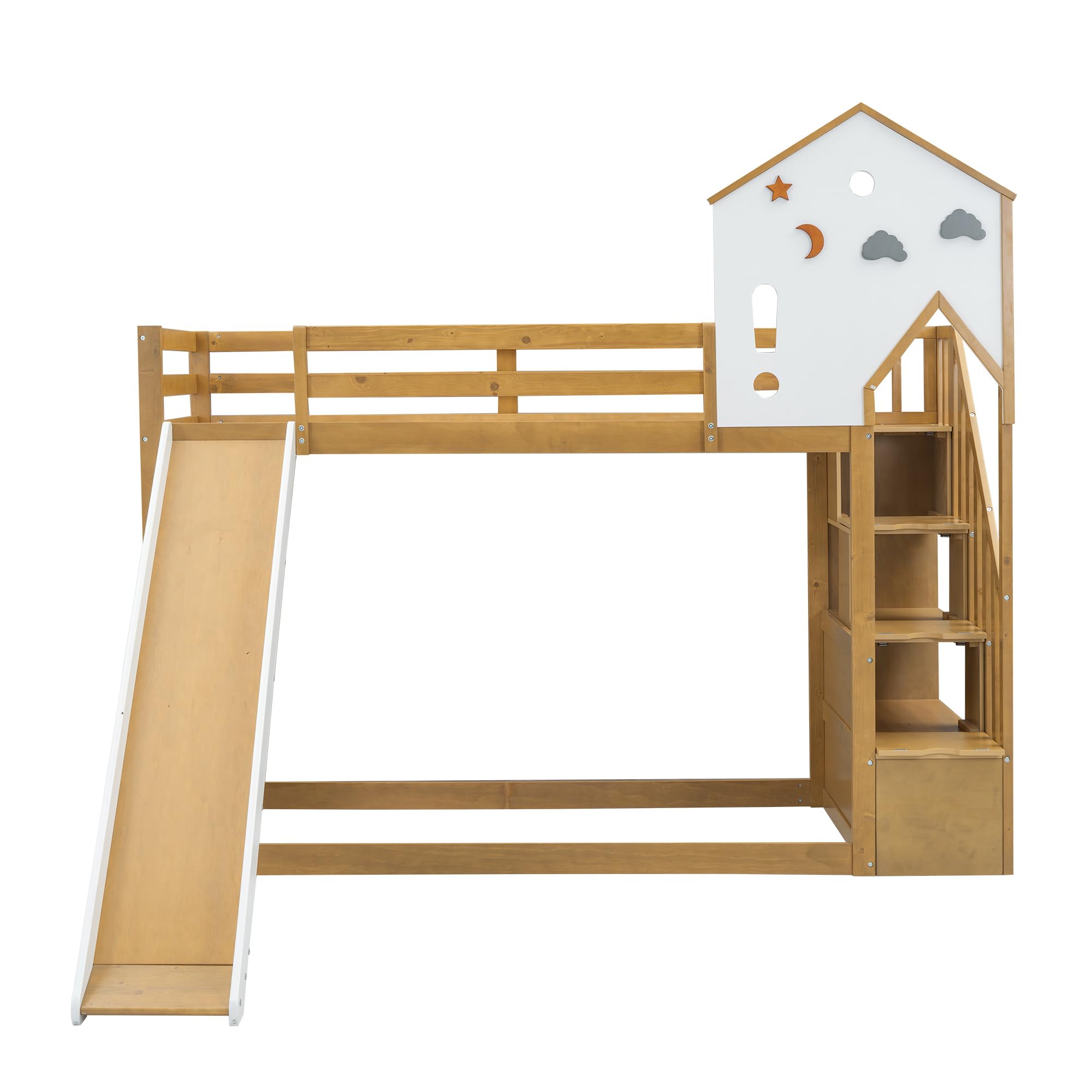 Letto a castello, letto per bambini, letto con scala angolare, culla con tetto e finestra, culla con 3 armadietti nelle scale, letto a castello con scivolo, pino MDF, bianco naturale, 90 x 200 cm