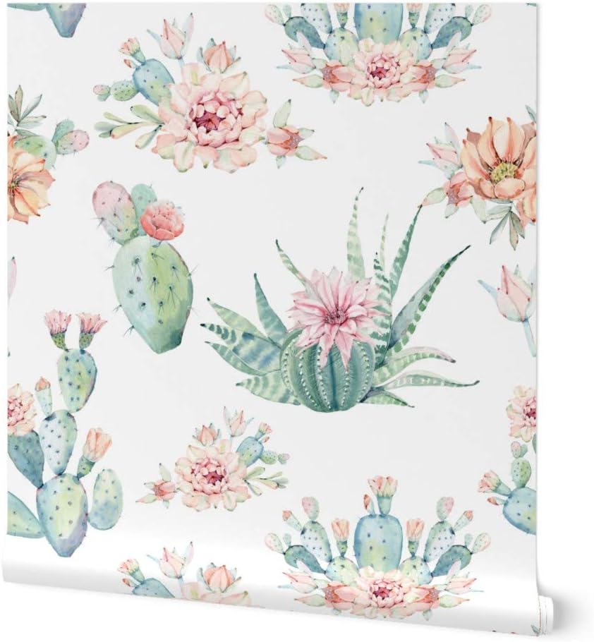 Spoonflower Peel & Stick Wallpaper 3ft x 2ft - Cacti Love Boho Cactus Watercolor Desert Southwestern Succulent Custom Removable Wallpaper