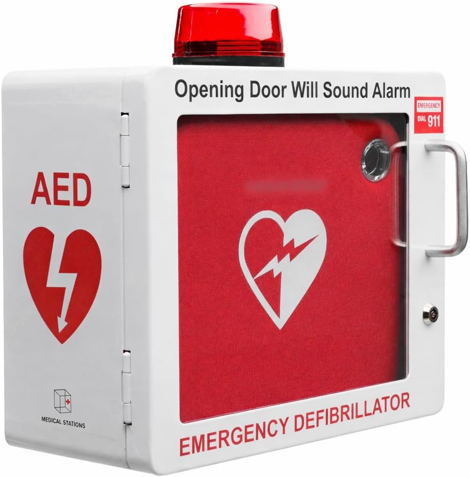 AED Cabinet Compatible with Philips HeartStart AED – Compact Wall Mount Defibrillator Cabinet with Lock & Alarm – Includes Mounting Hardware (White)