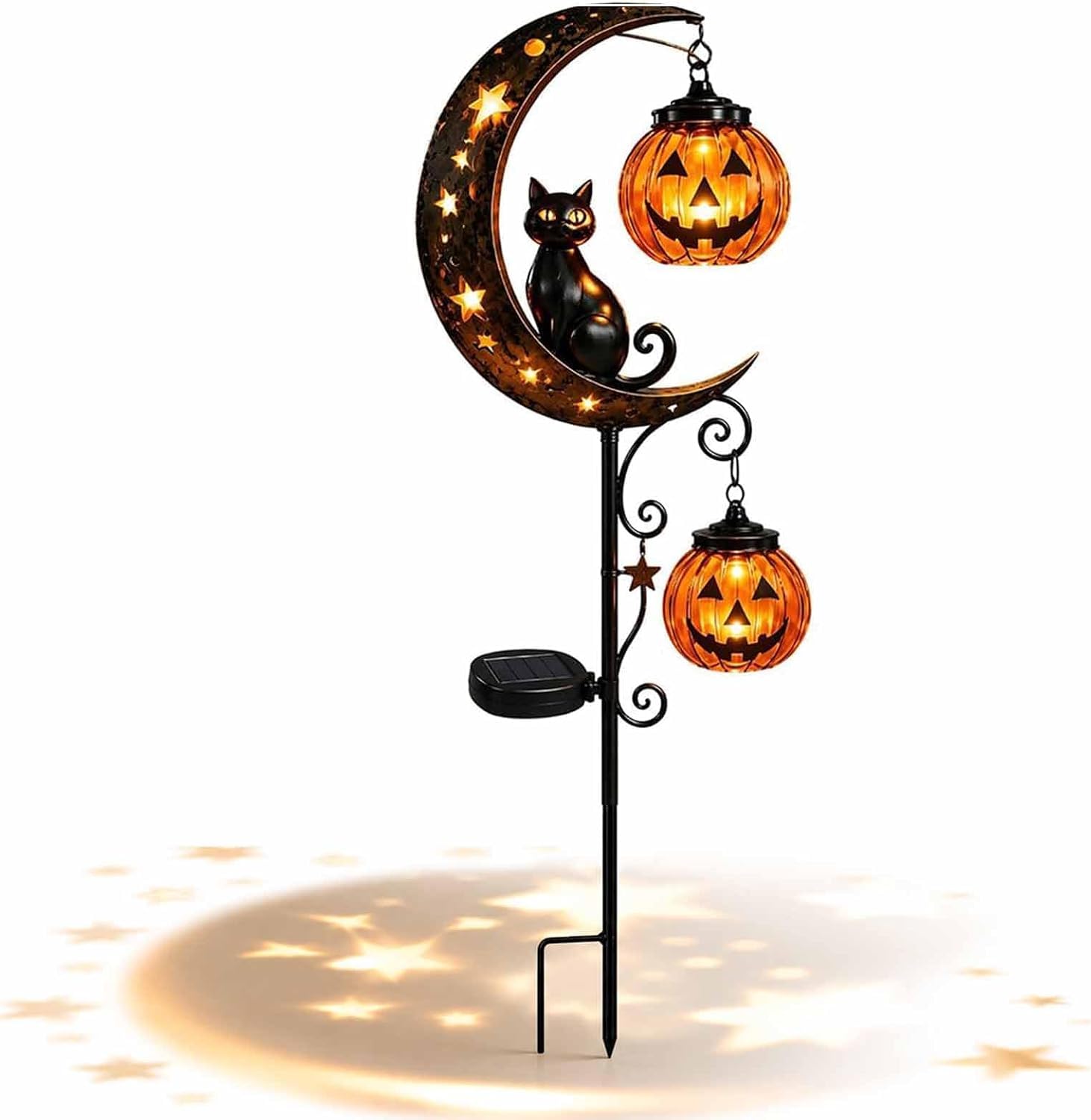 Solar Halloween Black Cat Garden Stake Light, Metal Crescent Moon & Pumpkin Lantern Yard Decor, Auto On/Off Waterproof LED Landscape Lighting for Patio Lawn Pathway