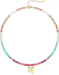 Beaded Initial Necklaces for Women Teen Girl Gifts Trendy Stuff Colorful Gemstone Choker Necklace with Bubble A-Z Stocking Stuffers for Teens Christmas Gifts for Her Birthday Summer Beach Jewelry for Daughter Sister Friend