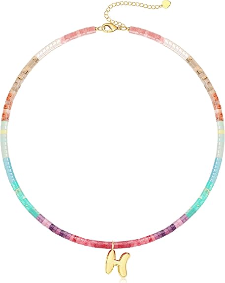 Beaded Initial Necklaces for Women Teen Girl Gifts Trendy Stuff Colorful Gemstone Choker Necklace with Bubble A-Z Stocking Stuffers for Teens Christmas Gifts for Her Birthday Summer Beach Jewelry for Daughter Sister Friend