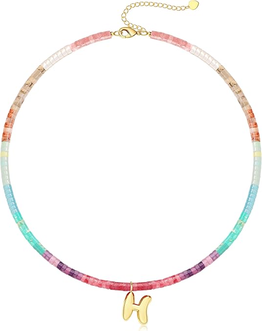 Beaded Initial Necklaces for Women Teen Girl Gifts Trendy Stuff Colorful Gemstone Choker Necklace with Bubble A-Z Stocking Stuffers for Teens Christmas Gifts for Her Birthday Summer Beach Jewelry for Daughter Sister Friend