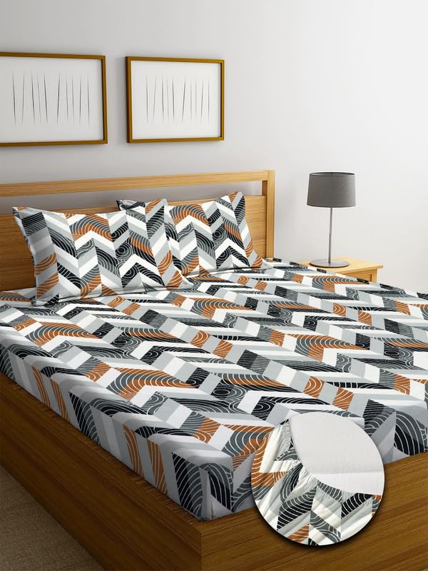 Image of NHD HOME Cotton Fitted King Size Double Bedsheets with 2 Pillow Covers | Elastic Fitted | Wrinklefree | Ultrasoft |All Season Bedsheet 210 tc tc Floral | 78 x 72+8 Inches, Navy Yellow Abstract