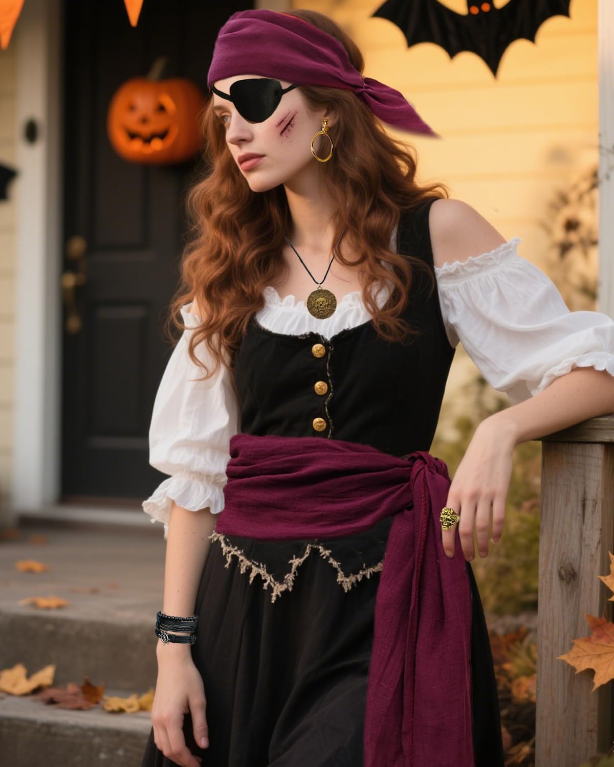 kasahara Pirate Costume Accessories for Women Men 6 Pcs Pirate Head Scarf Bandanas Waist Sash Belt Jewelry - Image 3