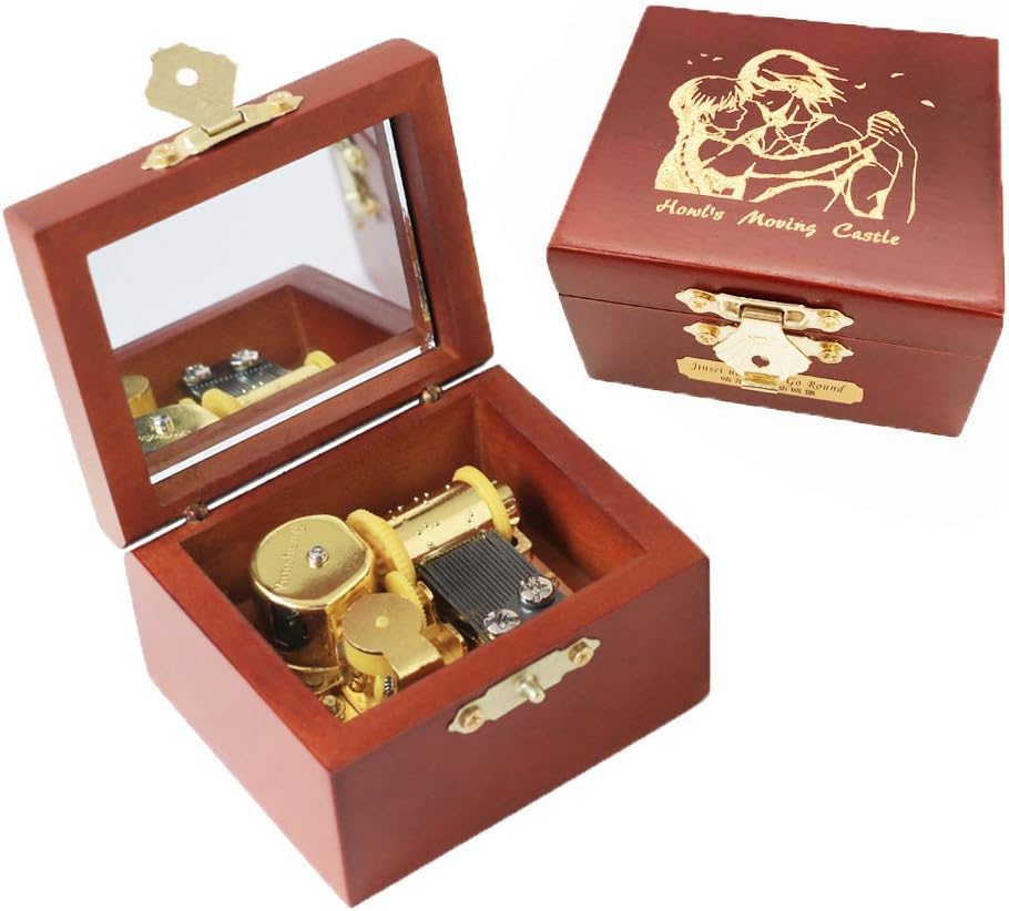 Youtang Wind up Music Box Castle Carved Wood Musical Box with Mirror for Christmas