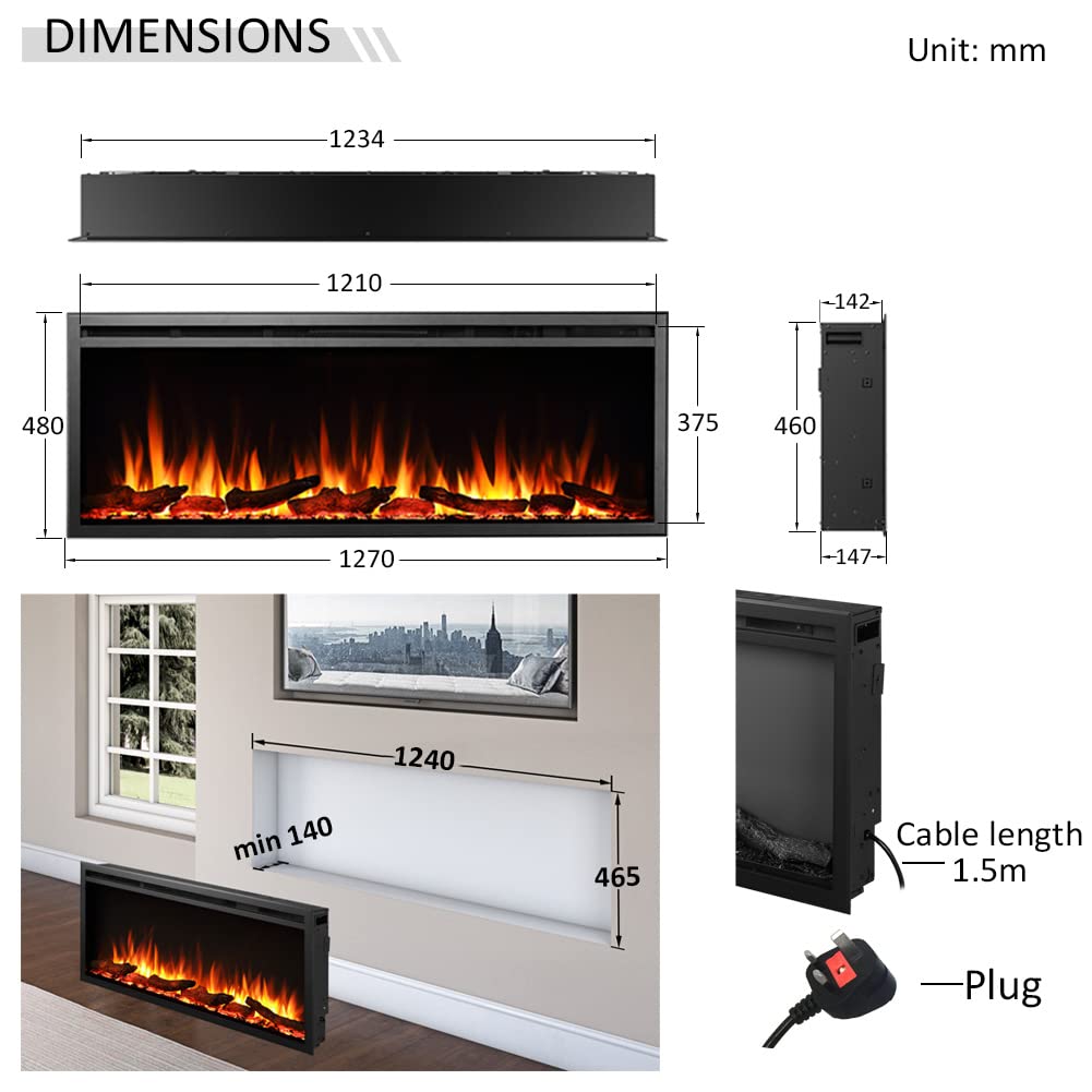 FLAMME Camino elettrico da incasso a parete Castello Slim Frame da 50" con 3 colori fiamma 750W/1500W