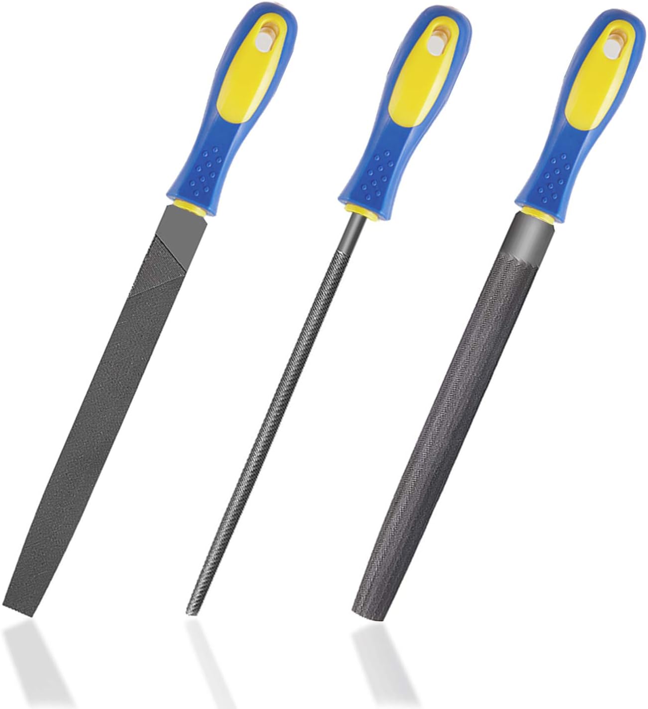 KALIM 3-Piece 8 Inch Heavy Duty File Set - Flat/Round/Half Round High Carbon Hardened Steel Files with Anti-slip Handles, Medium Coarse, Suitable for for Wood/Metal/Model/Shaping