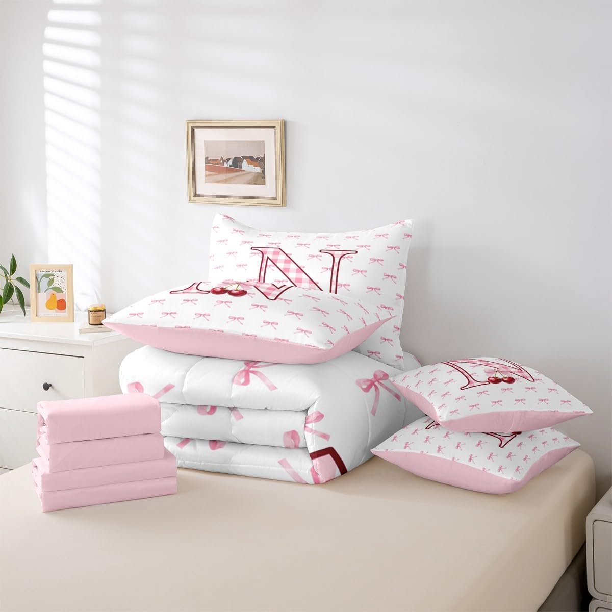 Erosebridal Cherry Bow 7 Piece Comforter Set Twin Initial N Letter Bowknot Bed in A Bag Dreamy Pink Plaid Bow Tie Bedding Sets for Kids Girls Monogrammed Princess Style Sheet Set with Comforter