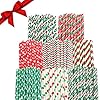 Kerstpapieren rietjes (200 Pack) – Biologisch afbreekbare, tweekleurige kerstthema-decoratieve papieren rietjes in 8…