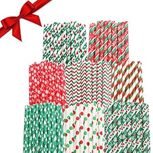 Kerstpapieren rietjes (200 Pack) – Biologisch afbreekbare, tweekleurige kerstthema-decoratieve papieren rietjes in 8…