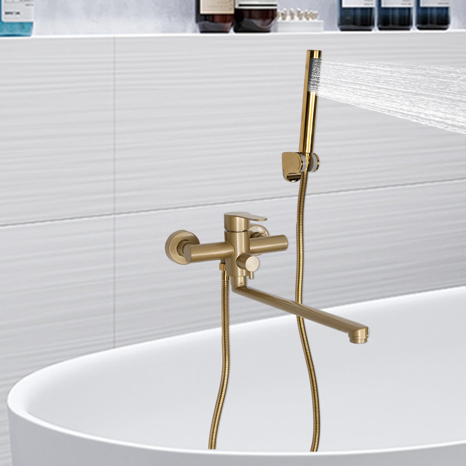 Grifo de bañera giratorio 360°, montaje en pared, de acero inoxidable, color dorado, monomando para bañera, montaje en superficie con ducha de mano y soporte de pared, grifo de ducha, grifo de bañera