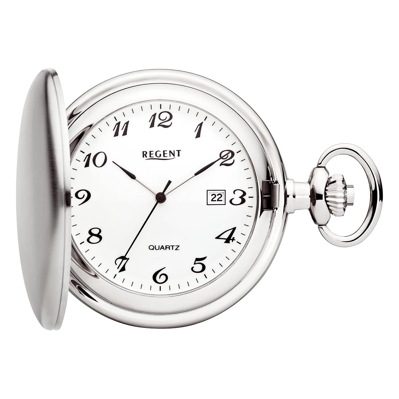 REGENT Herren Taschenuhr Savonnette Klappdeckel 47 MM Quarz Weißes Zifferblatt Arabische Zahlen Datum