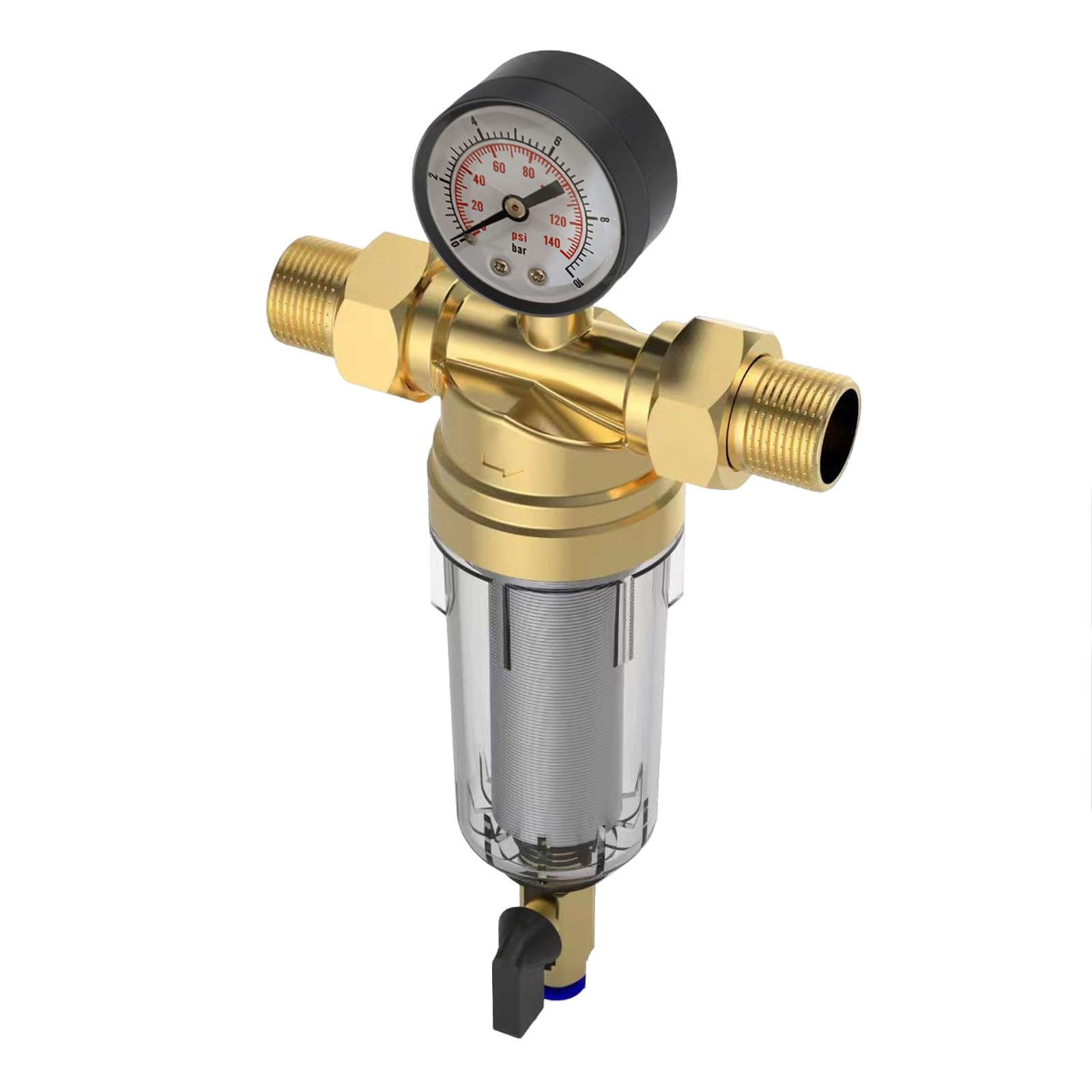 Filtro di rigetto per acqua, Filtro per acqua con sedimenti spin-down riutilizzabile da 1 pollice, Filtro per acqua prefiltro e filtro sedimenti, Filtro per acqua da 40 μm con manometro per tubo