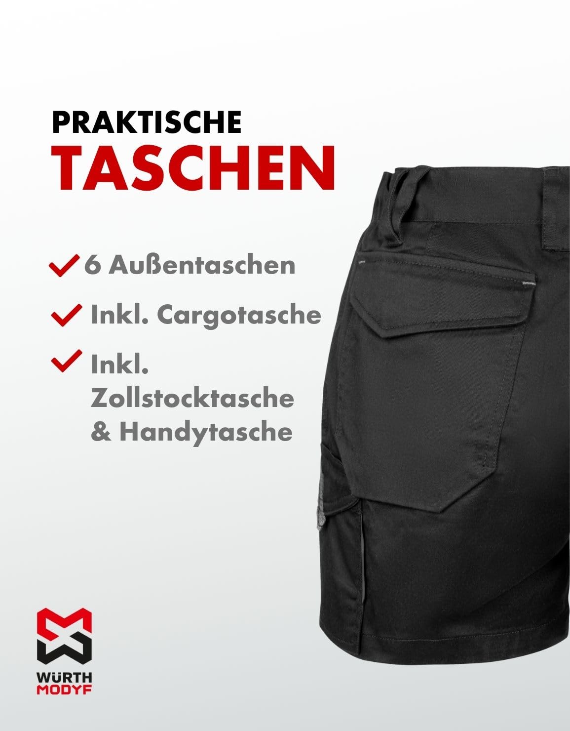 WÜRTH MODYF Damen Arbeitsshorts Stretch X - professionelle Arbeitshose für Frauen - Arbeitsshorts mit Reißverschluss - in den Größen 32-48 in Schwarz und weiteren Farben