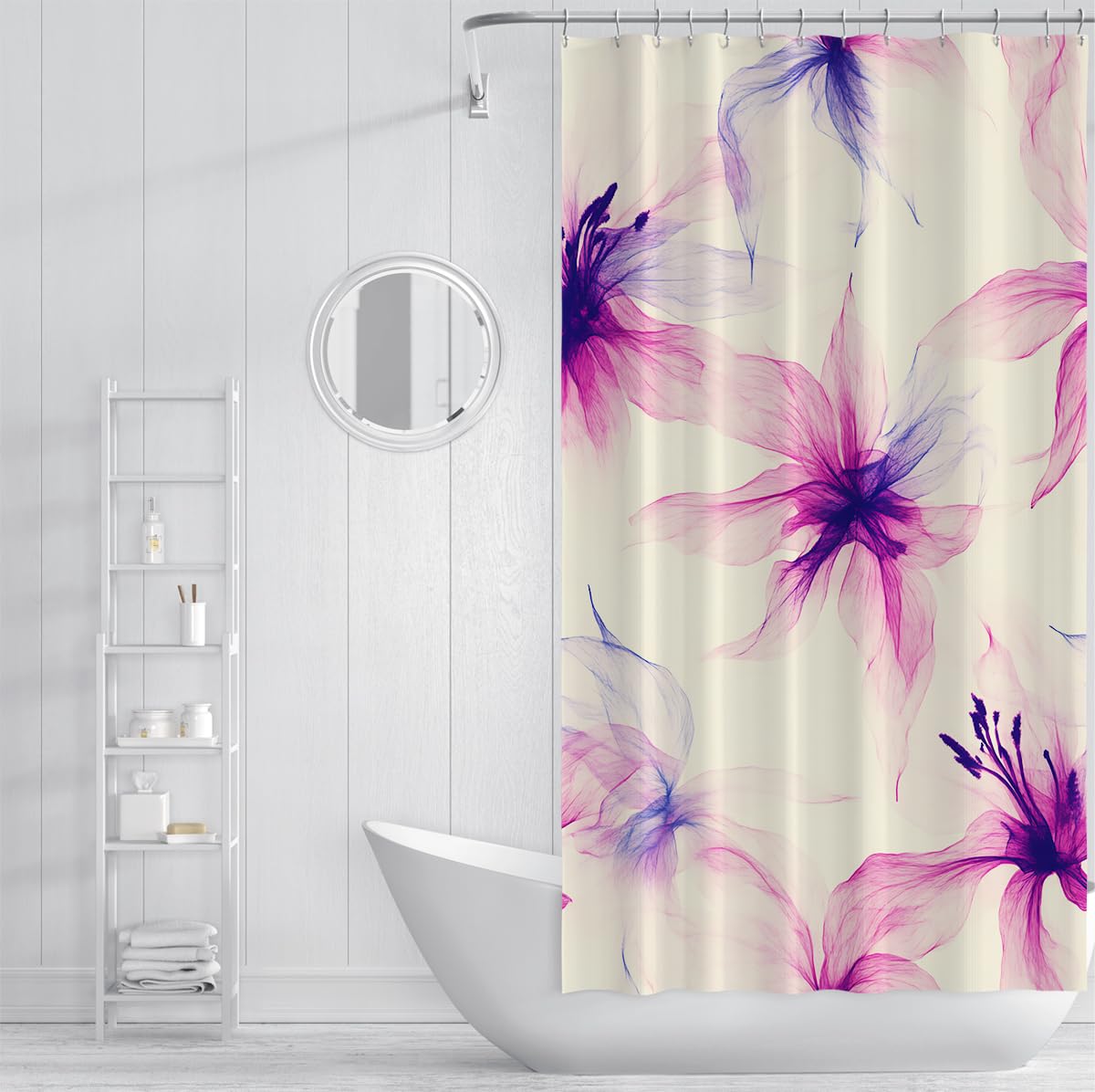 Cortina de Ducha Purple Lily Acuarela Decoración Floral de baño Cortinas abstractas de baño con Ganchos Tela Impermeable de poliéster Extra Larga W180xL220 cm